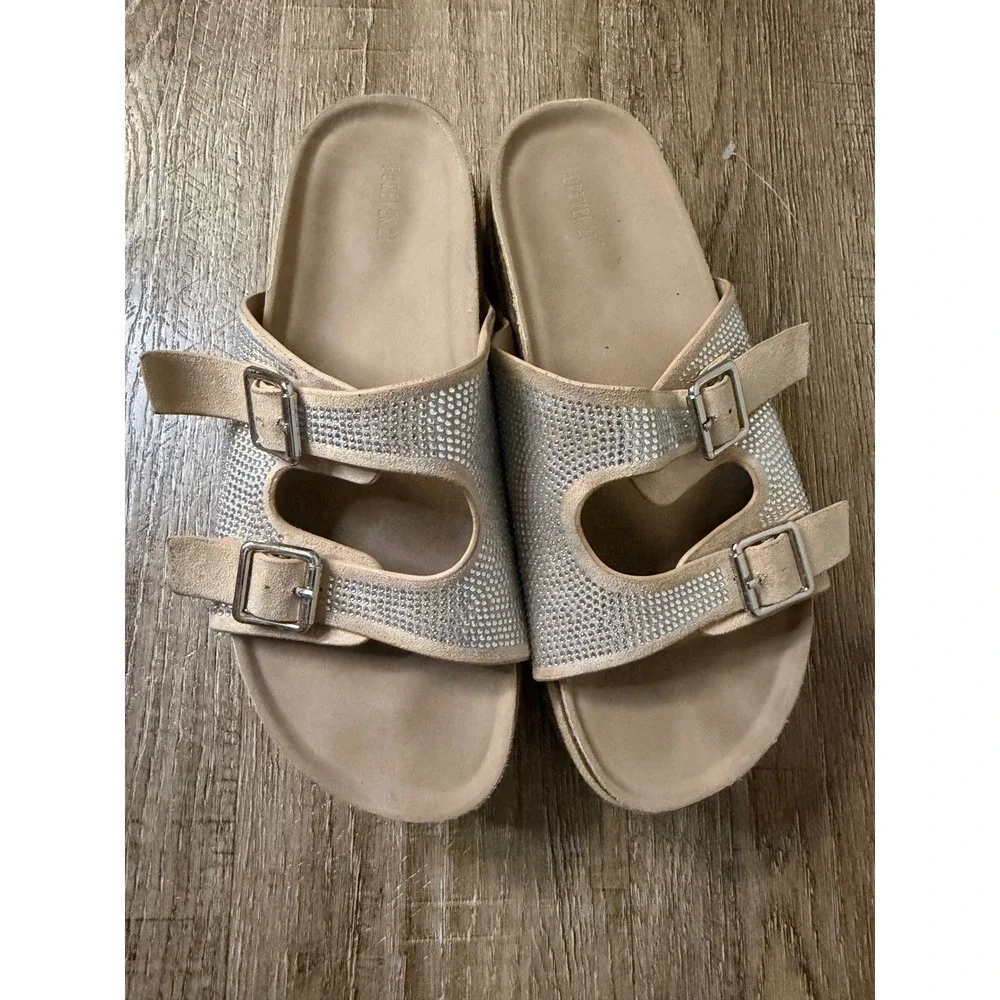 Forever 21 Rhinestone Platform Slide Sandals Tan Beige Double Buckle Size 8